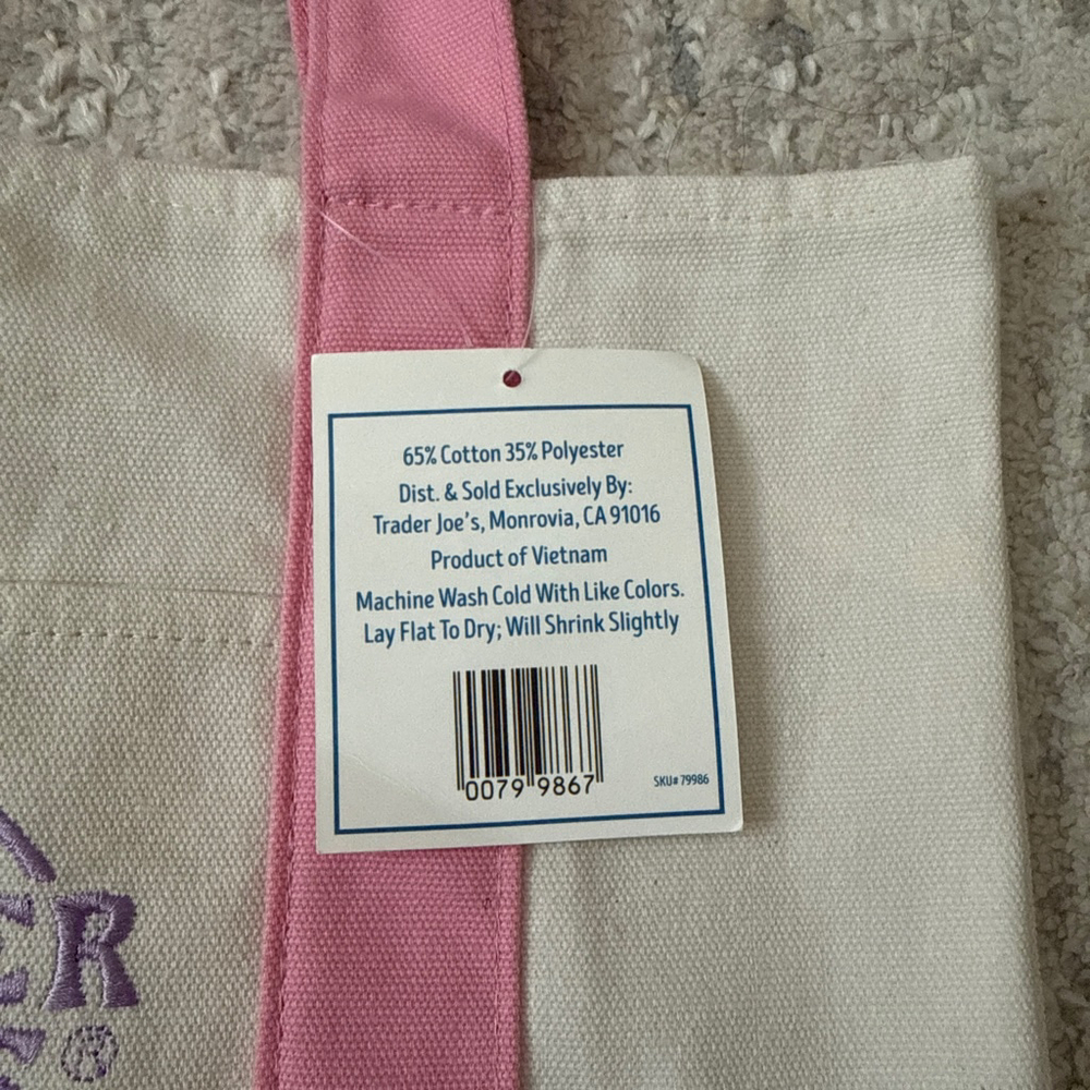Unisex NWT Trader Joe's Mini Pastel Canvas Tote Bag Beige Pink - Picture 4 of 7